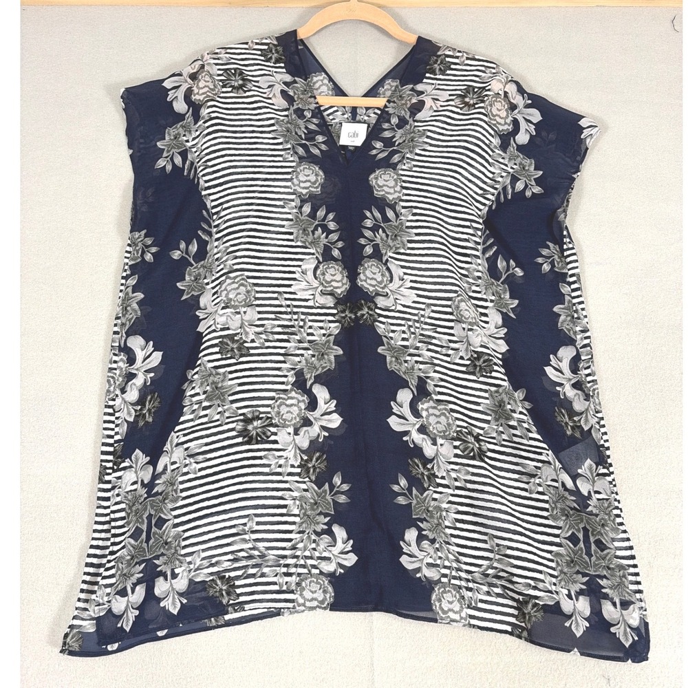 Cabi Navy Blue White Floral Stripe V-Neck Sheer Tunic Blouse Top 5024 Womens M